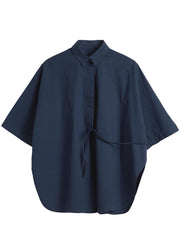 Organic Navy Cinched Solid Cotton Blusen mit halben Ärmeln
