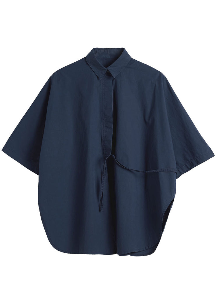 Organic Navy Cinched Solid Cotton Blusen mit halben Ärmeln