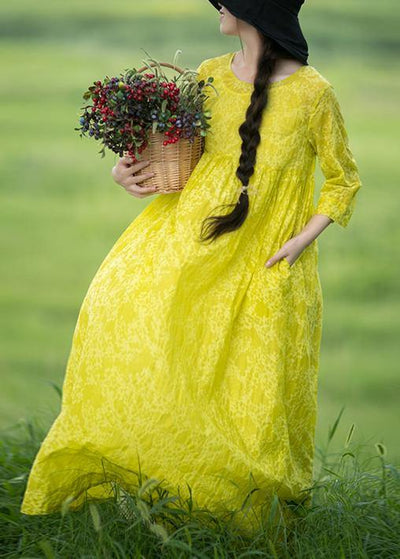 Organic O Neck Cinched Long Shirts Lnspiration Yellow Print Kaftan Dresses - SooLinen