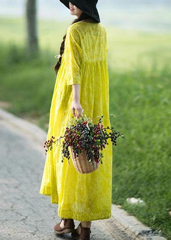 Organic O Neck Cinched Long Shirts Lnspiration Yellow Print Kaftan Dresses - SooLinen