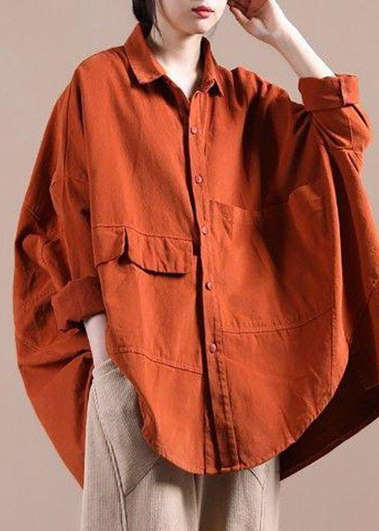 Organic Orange Coat For Woman Wardrobes Lapel Batwing Sleeve Spring Coats - SooLinen