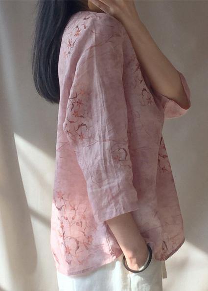 Organic Pink Print Blouses For Women O Neck Chinese Button Daily Tops - SooLinen