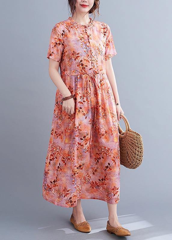 Organic Print tie waist Cotton Ruffled Summer Maxi Dress - SooLinen
