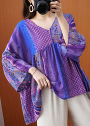 Organic Purple Flare Ärmel V-Ausschnitt Patchwork Print Fall Top