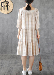 Organic Square Collar patchwork linen cotton clothes linen beige plaid Dresses - SooLinen