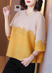 Organic Pink Pearl Beads Shirt Top Short Sleeve Blouse - SooLinen