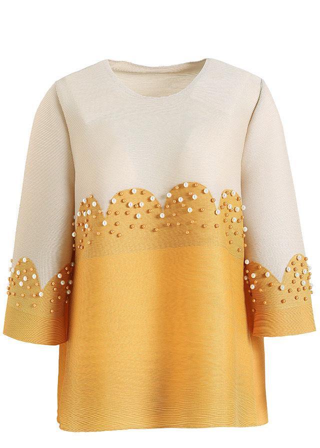 Organic Yellow Patchwork Nail bead Shirt Top Short Sleeve - SooLinen