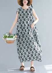 Organic black Geometric cotton o neck sleeveless long summer Dresses - SooLinen