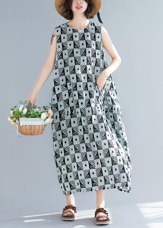 Organic black Geometric cotton o neck sleeveless long summer Dresses - SooLinen