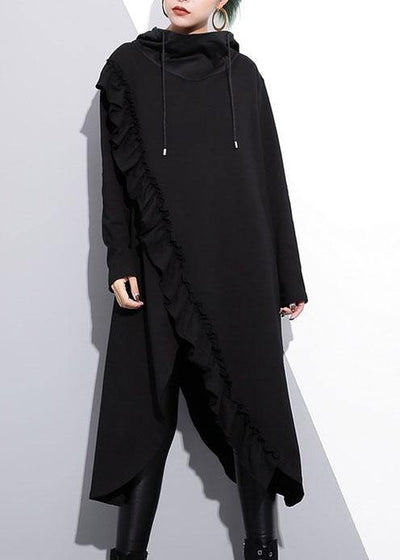Organic black hooded cotton clothes ruffles long fall Dress - SooLinen