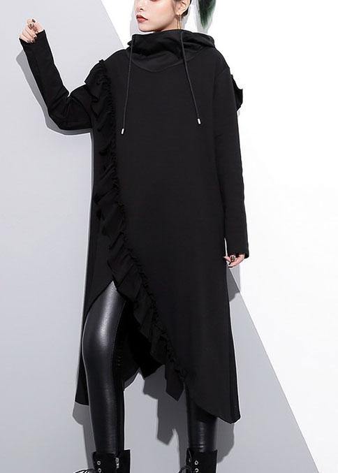 Organic black hooded cotton clothes ruffles long fall Dress - SooLinen