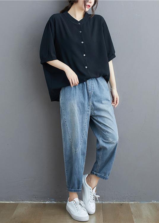 Organic black linen tunic top Fashion stand collar summer blouse - SooLinen