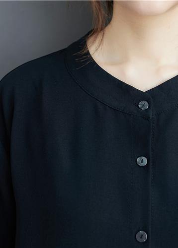 Organic black linen tunic top Fashion stand collar summer blouse - SooLinen