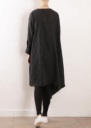 Organic black striped cotton Long Shirts v neck asymmetric Maxi Dresses - SooLinen