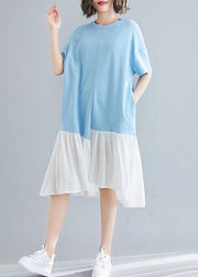 Organic blue o neck cotton quilting clothes asymmetric patchwork Maxi summer Dress - SooLinen