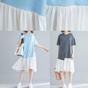 Organic blue o neck cotton quilting clothes asymmetric patchwork Maxi summer Dress - SooLinen