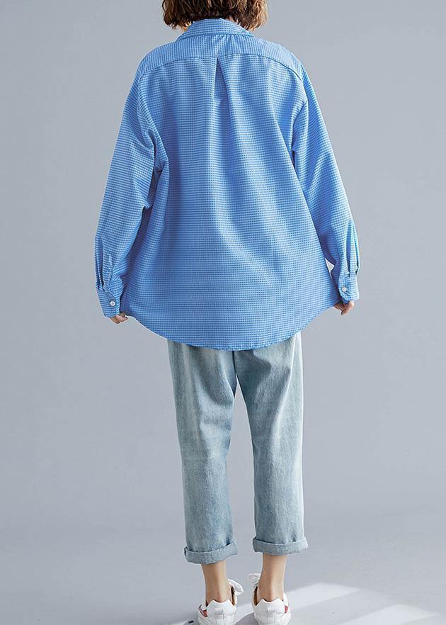 Organic blue white plaid cotton shirts Gifts POLO collar fall top - SooLinen