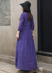 Organic bracelet sleeved linen clothes For Women Shape dark purple v neck Dress - SooLinen