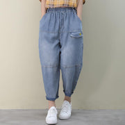 Organic denim blue shorts vintage elastic waist patchwork Gifts wild pants - SooLinen