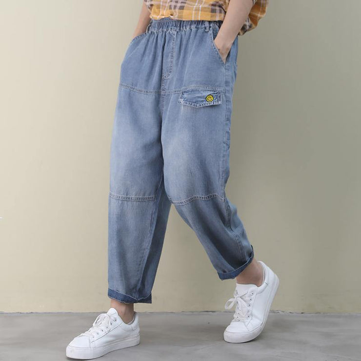 Organic denim blue shorts vintage elastic waist patchwork Gifts wild pants - SooLinen