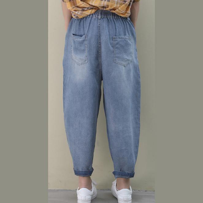 Organic denim blue shorts vintage elastic waist patchwork Gifts wild pants - SooLinen