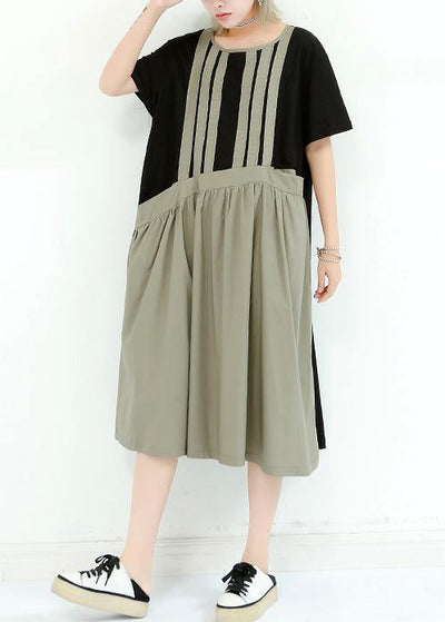 Organic gray green cotton dresses o neck patchwork cotton summer Dress - SooLinen