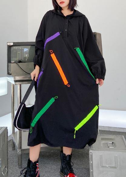 Organic hooded long sleeve fallclothes design black long Dress - SooLinen