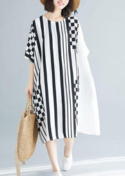 Organic o neck asymmetric Cotton white striped Dress summer - SooLinen