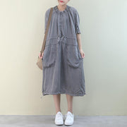 Organic o neck drawstring summer Tunics design green Dresses - SooLinen