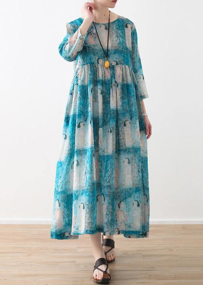 Organic O Neck Cinched Linen Clothes For Women Catwalk Blue Lady Figure Print Dress - SooLinen