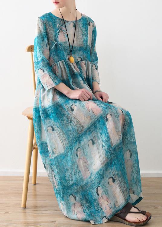 Organic O Neck Cinched Linen Clothes For Women Catwalk Blue Lady Figure Print Dress - SooLinen