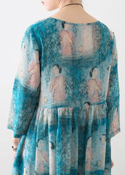 Organic O Neck Cinched Linen Clothes For Women Catwalk Blue Lady Figure Print Dress - SooLinen