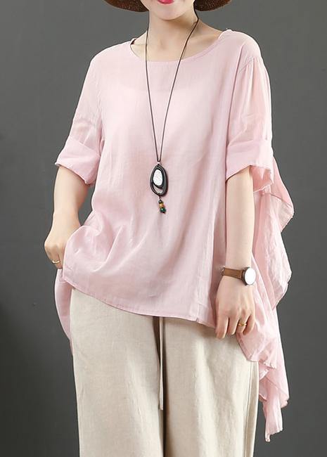 Organic pink linen clothes For Women o neck half sleeve silhouette shirt - SooLinen