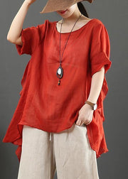 Organic pink linen clothes For Women o neck half sleeve silhouette shirt - SooLinen