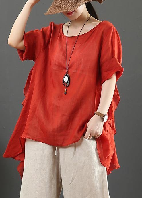 Organic pink linen clothes For Women o neck half sleeve silhouette shirt - SooLinen