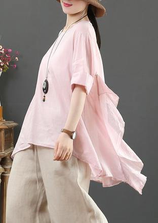 Organic pink linen clothes For Women o neck half sleeve silhouette shirt - SooLinen