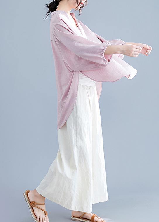 Organic pink linen cotton clothes For Women Shirts v neck batwing sleeve summer top - SooLinen