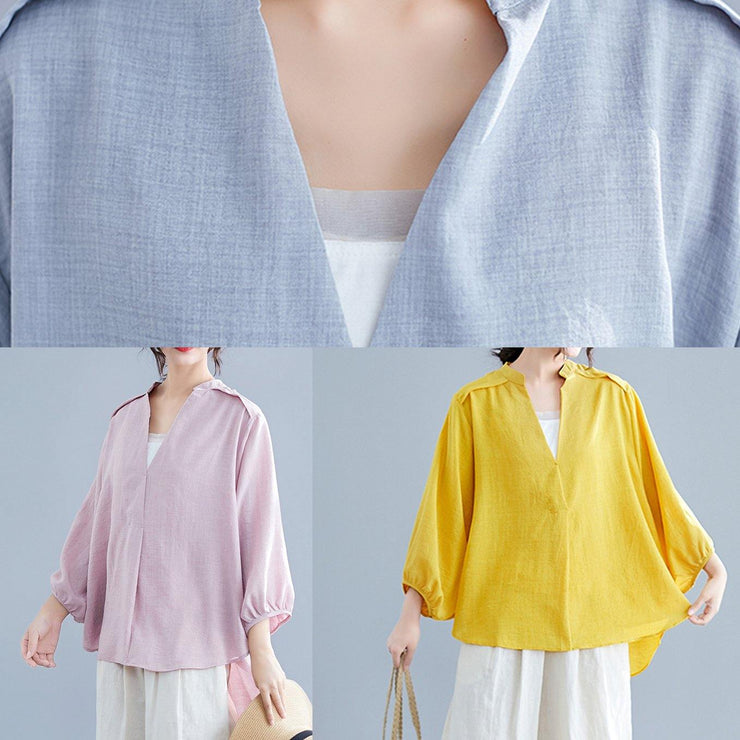 Organic pink linen cotton clothes For Women Shirts v neck batwing sleeve summer top - SooLinen