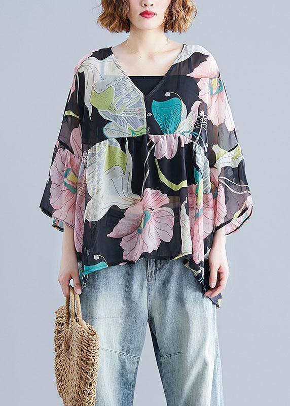 Organic print tops women o neck Petal Sleeve tunic blouse - SooLinen