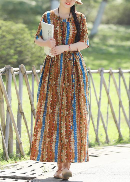 Organic prints cotton linen quilting dresses Shape yellow  Kaftan Dresses summer - SooLinen