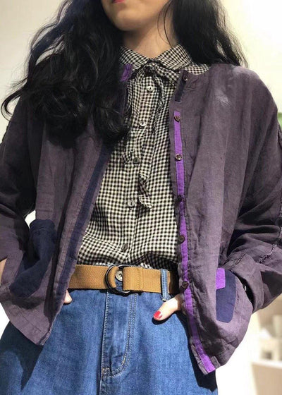 Organic purple o neck linen tunics for women Patch pockets baggy fall shirt - SooLinen