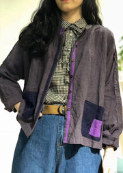 Organic purple o neck linen tunics for women Patch pockets baggy fall shirt - SooLinen