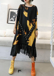 Organic ruffles hem chiffon Wardrobes pattern black prints robes Dresses summer - SooLinen