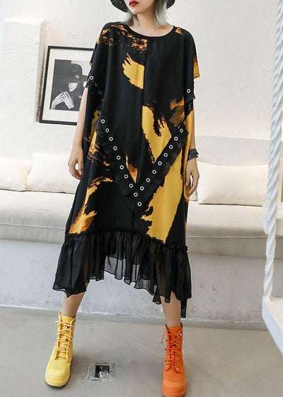 Organic ruffles hem chiffon Wardrobes pattern black prints robes Dresses summer - SooLinen