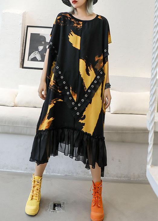 Organic ruffles hem chiffon Wardrobes pattern black prints robes Dresses summer - SooLinen