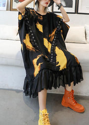 Organic ruffles hem chiffon Wardrobes pattern black prints robes Dresses summer - SooLinen