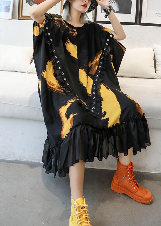Organic ruffles hem chiffon Wardrobes pattern black prints robes Dresses summer - SooLinen