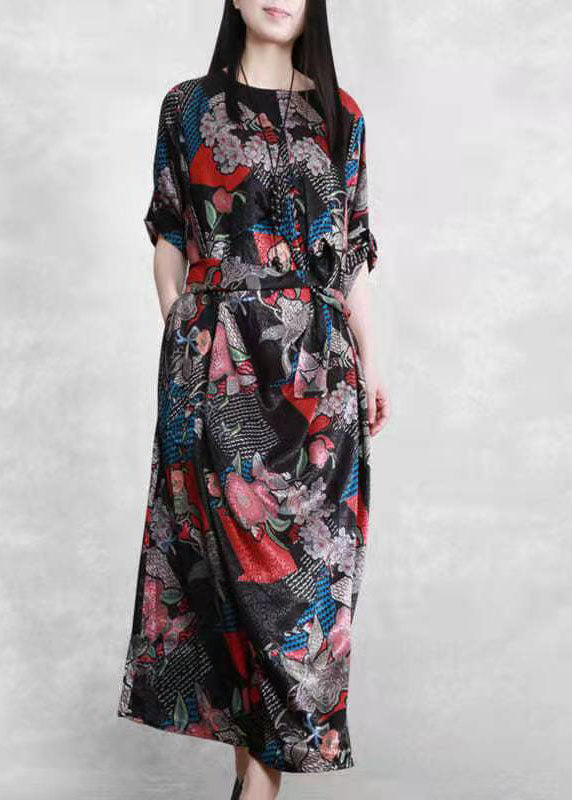 Organic Black Print Robe Seidenkleider Patchwork