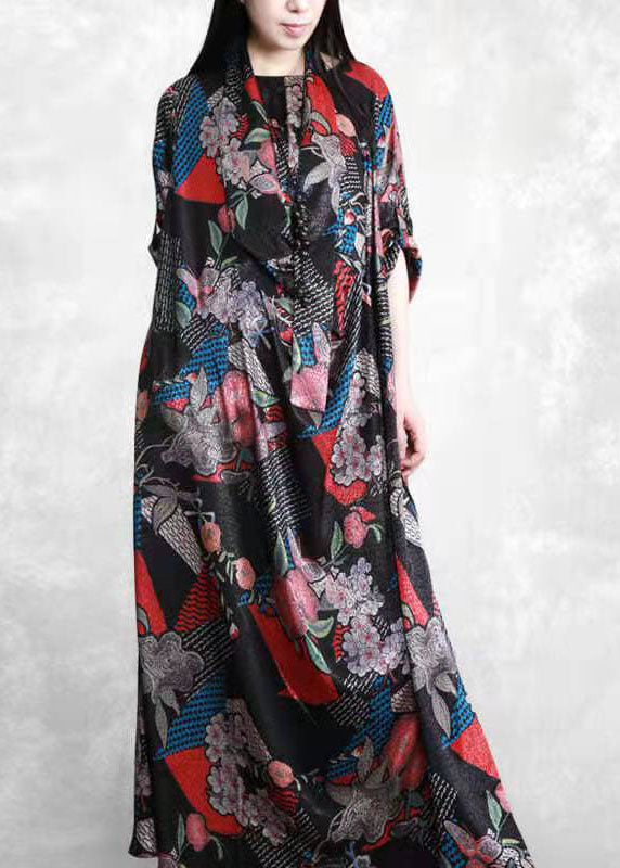 Organic Black Print Robe Seidenkleider Patchwork