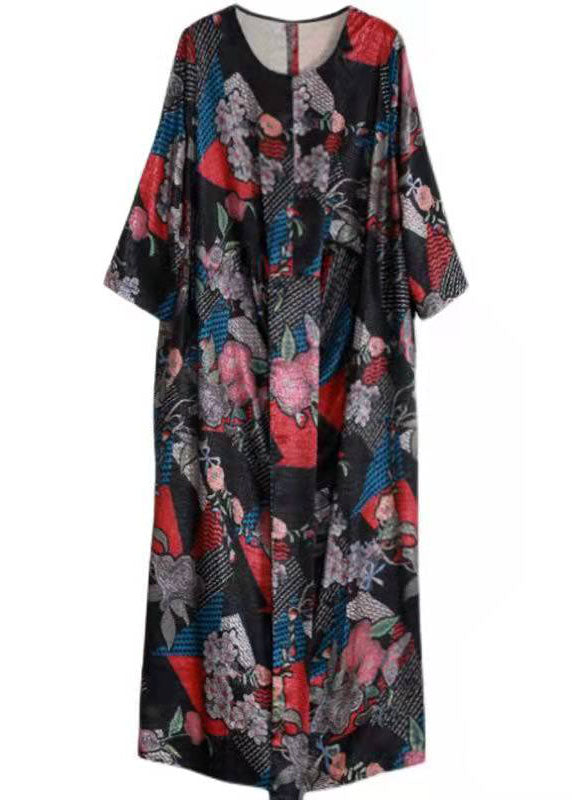 Organic Black Print Robe Seidenkleider Patchwork
